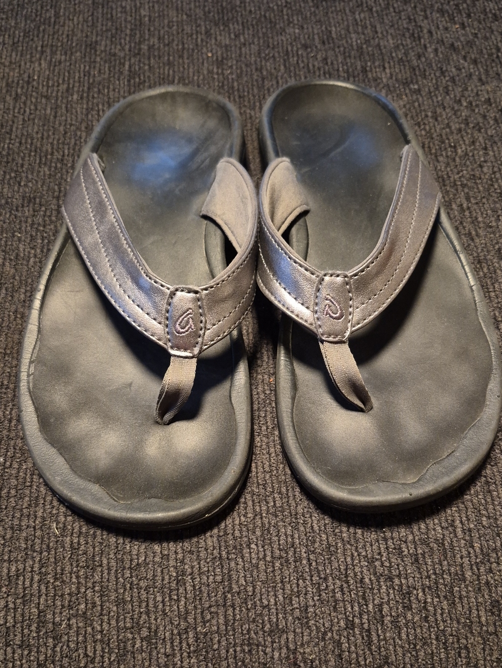 OluKai Grey Brown Leather-Trim Flip Flops